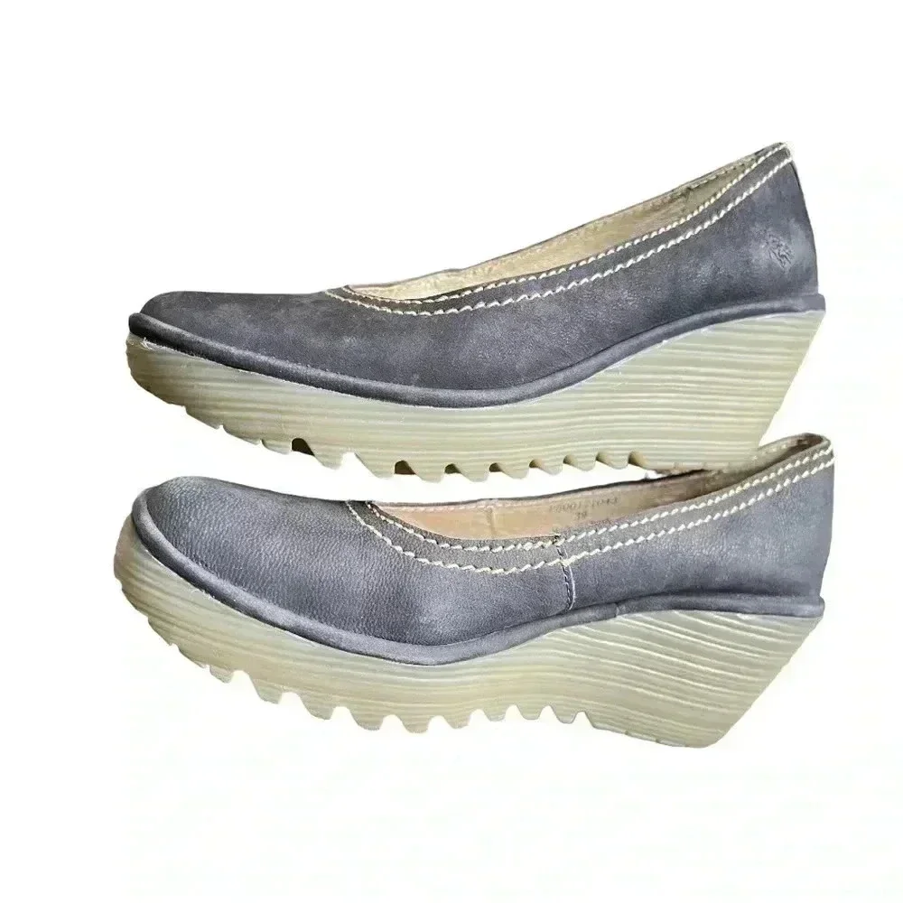 Fly London Women’s Black Suede Wedge Heel Shoes•Size 39 US 8-8.5•